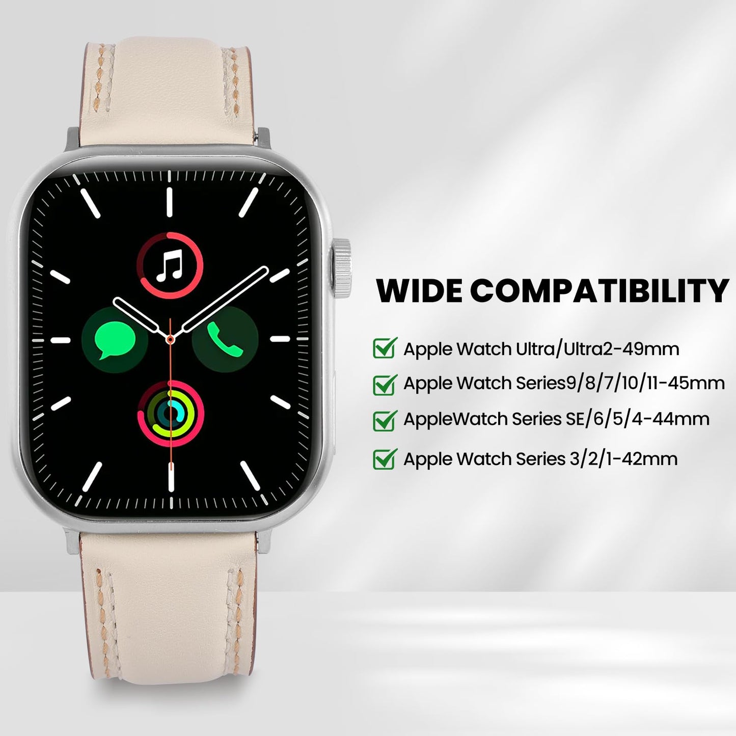 Soft Genuine Leather Band for Apple Watch 49mm 46mm 45mm 44mm 42mm - Women/Men Vintage Retro Replacement Wristband Strap with Metal Buckle for iWatch Ultra 3/2/SE/Series 11/10/9/8/7/6/5/4/3 White