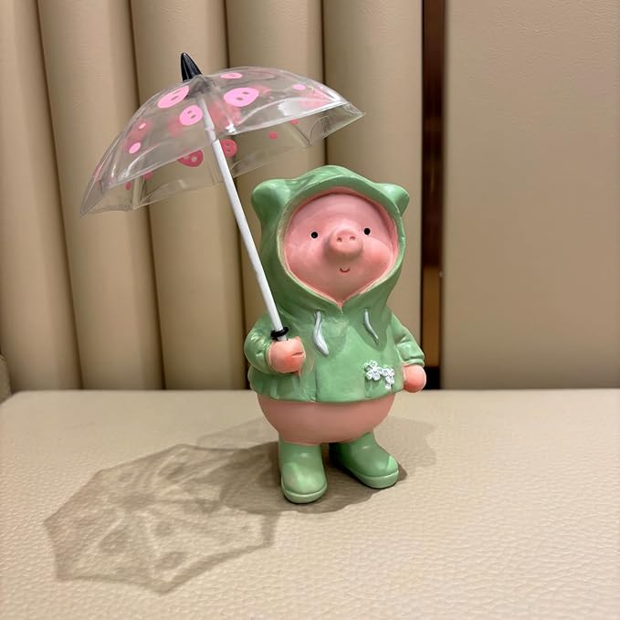 Pig Statue with Umbrella Garden Decor Hand Painted Resin Home Decor Cute Rain Coat Animal Decoration Sculpture Figurine Gift for Women Kid