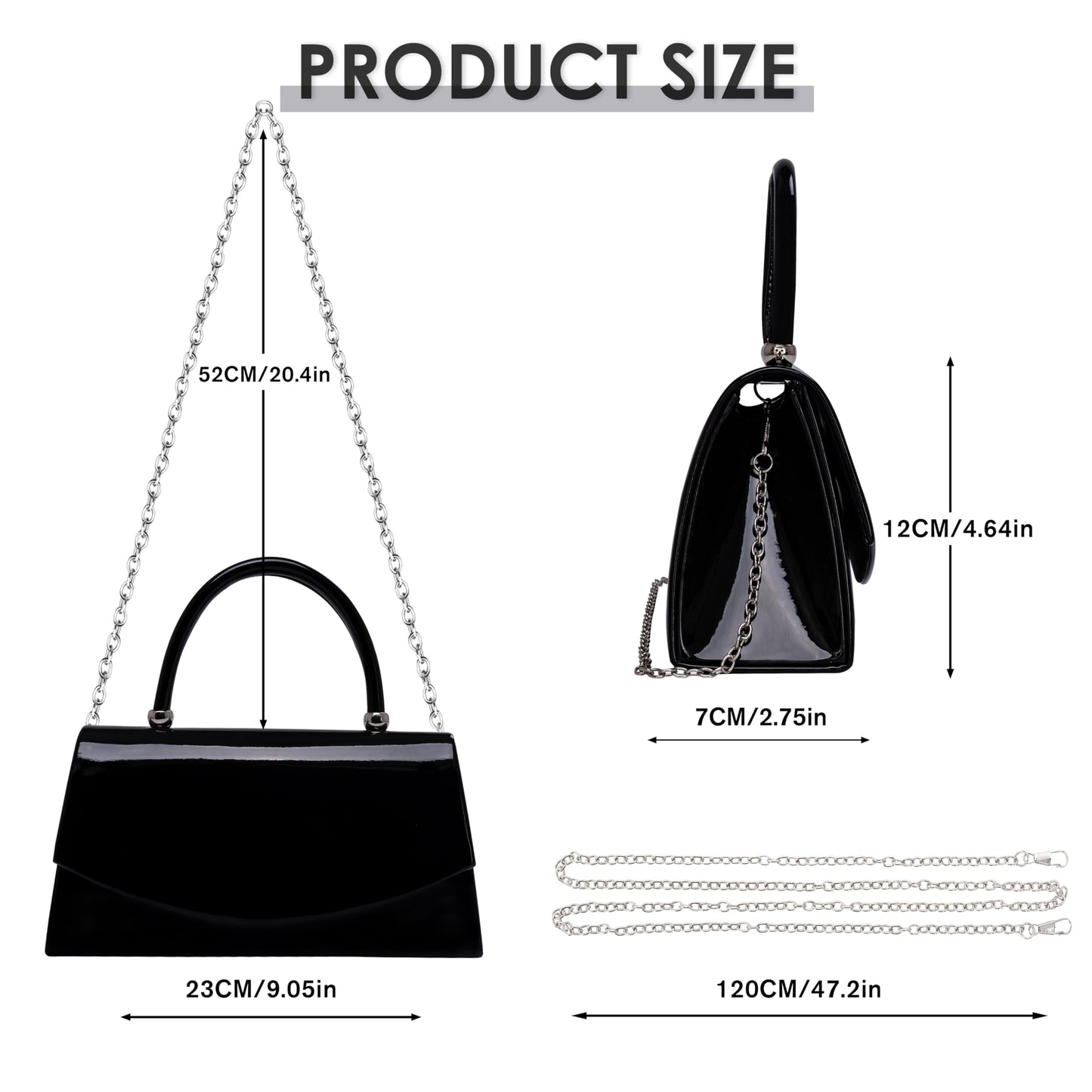 Larcenciel Patent Leather Evening Clutch Handbag, Classic Black Purses for Women w/Chain Strap & Magnetic Closure, Elegant Envelope Top Handle Party Bags for Wedding Formal Events Cocktail Party Prom