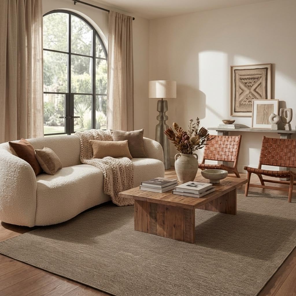 GarveeHome Easy Jute Rug 8x10 Washable Living Room Rugs Non Slip Stain Resistant Modern Neutral Dining Room Throw Carpets Solid Tan Contemporary Area Rugs for Kitchen Bedroom Nursery, Brown