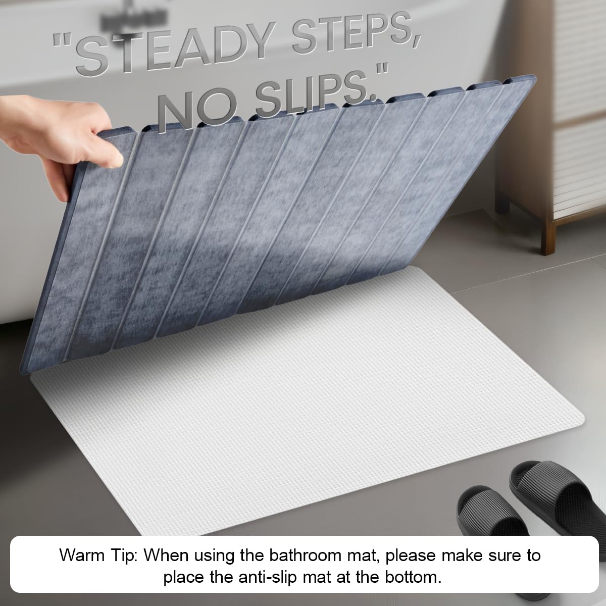 INFISIBLE Foldable Stone Bath Mat - 24x16, Super Absorbent Diatomaceous Earth Large Bath Mats for Bathroom, Quick Dry Non-Slip Stone Drying Mats for Kitchen Counter & Bathtub (Dark Gray Floral Decor)