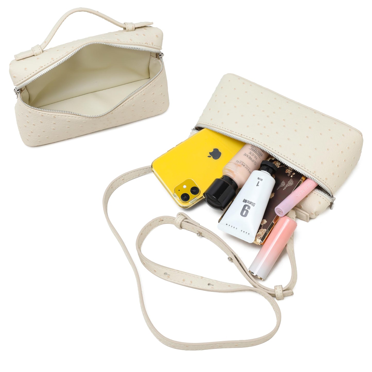 Rejolly Crossbody Bag for Women Small Top-Handle Pouch Purse Shoulder Handbag Synthetic Ostrich Leather Cream White (Gold Hardware)