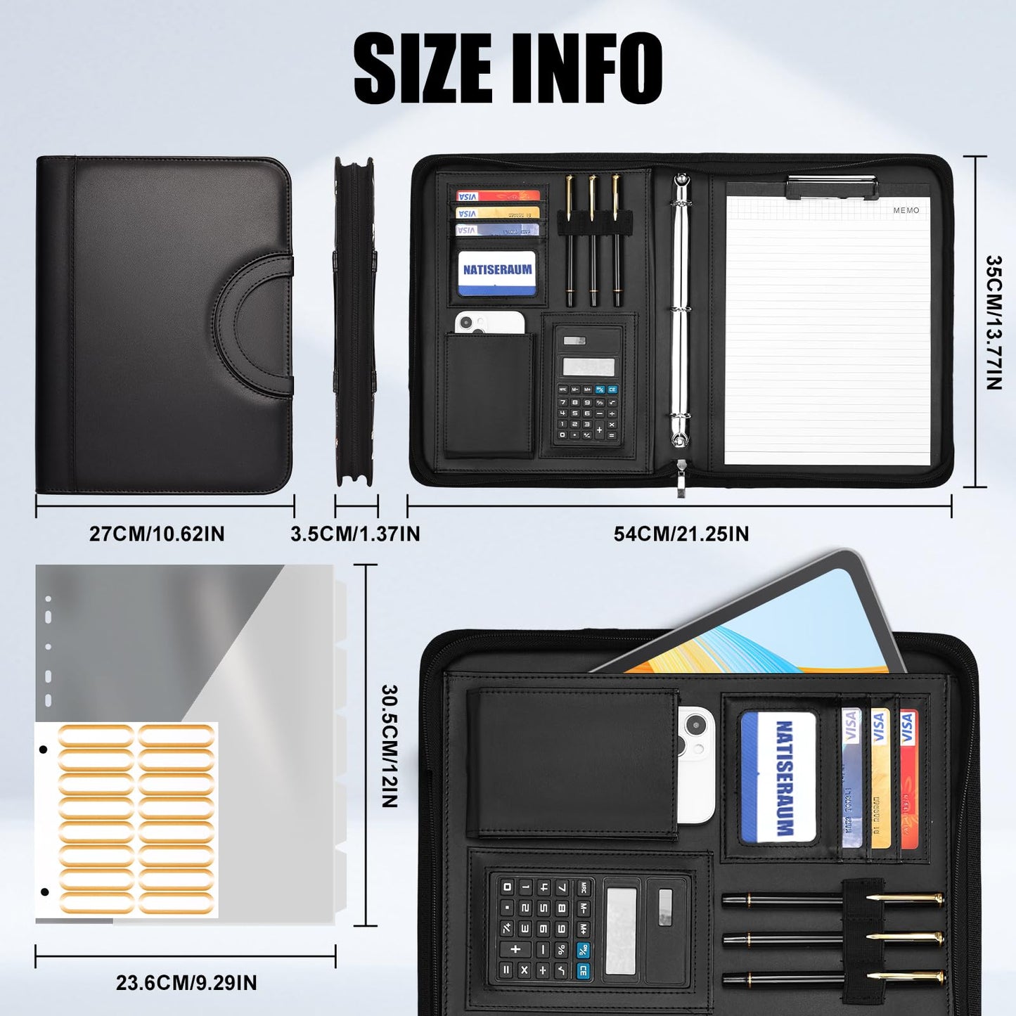 NATISERAUM Portfolio Binder 3 Ring Includes Pen and 5 Dividers with 10 Pockets, Padfolio Organizer with Magnetic Handle for Men and Women, Includes A4 Notepad for Business, School, Work