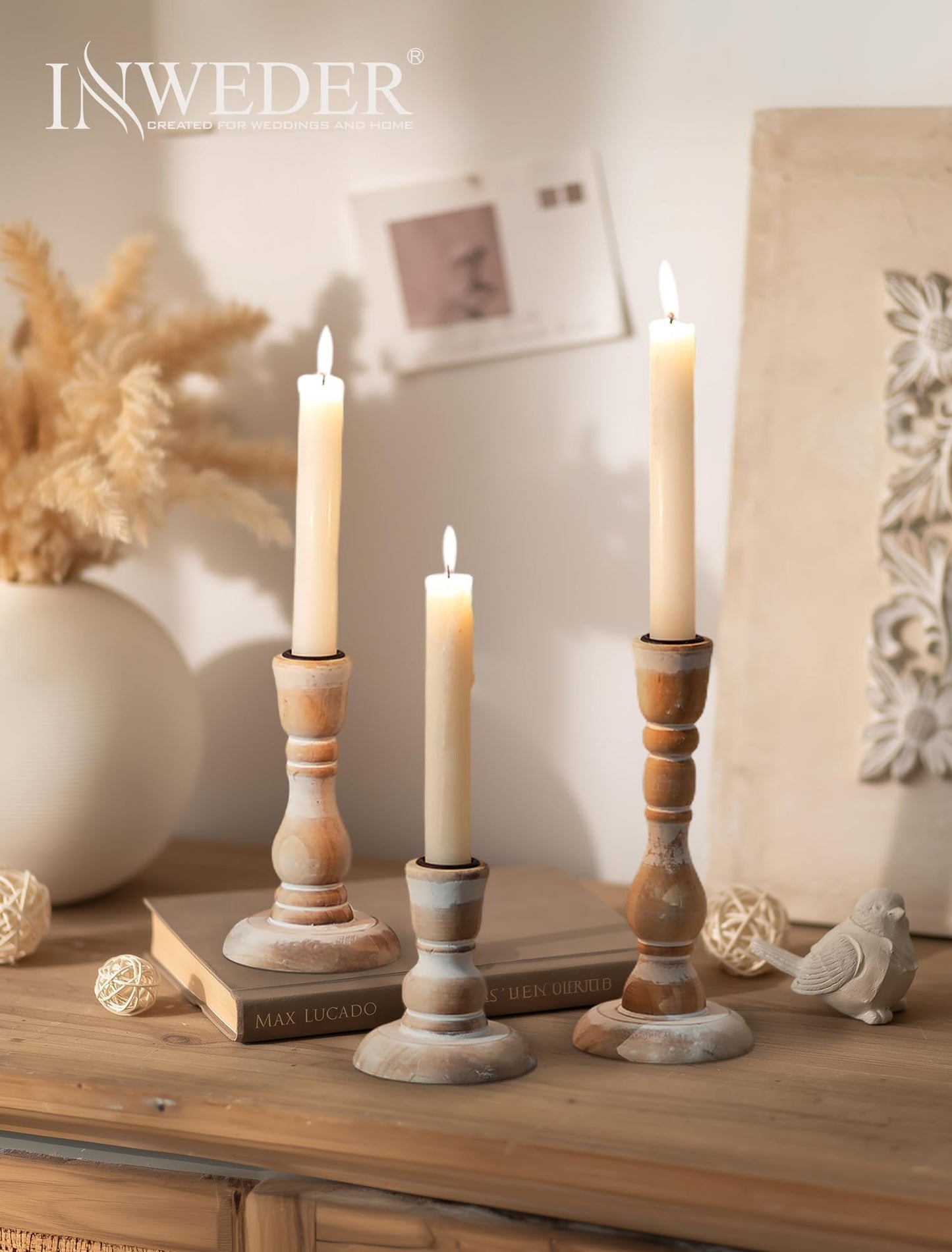 Inweder Wooden Candlestick Holders Rustic: Farmhouse Wood Taper Candle Holders Boho Candle Sticks Holder Fall Decor for Dinning Table Mantle Party Holiday Christmas Wedding Home Set of 6