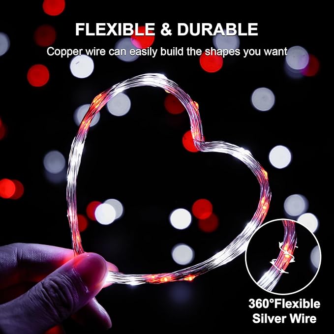 JMEXSUSS 2 Pack Red and White Fairy Lights Battery Operated, Total 200LED 66ft Red and White Christmas Lights with Remote, 8 Modes Battery Powered Twinkle Lights for Bedroom Christmas Tree Decor