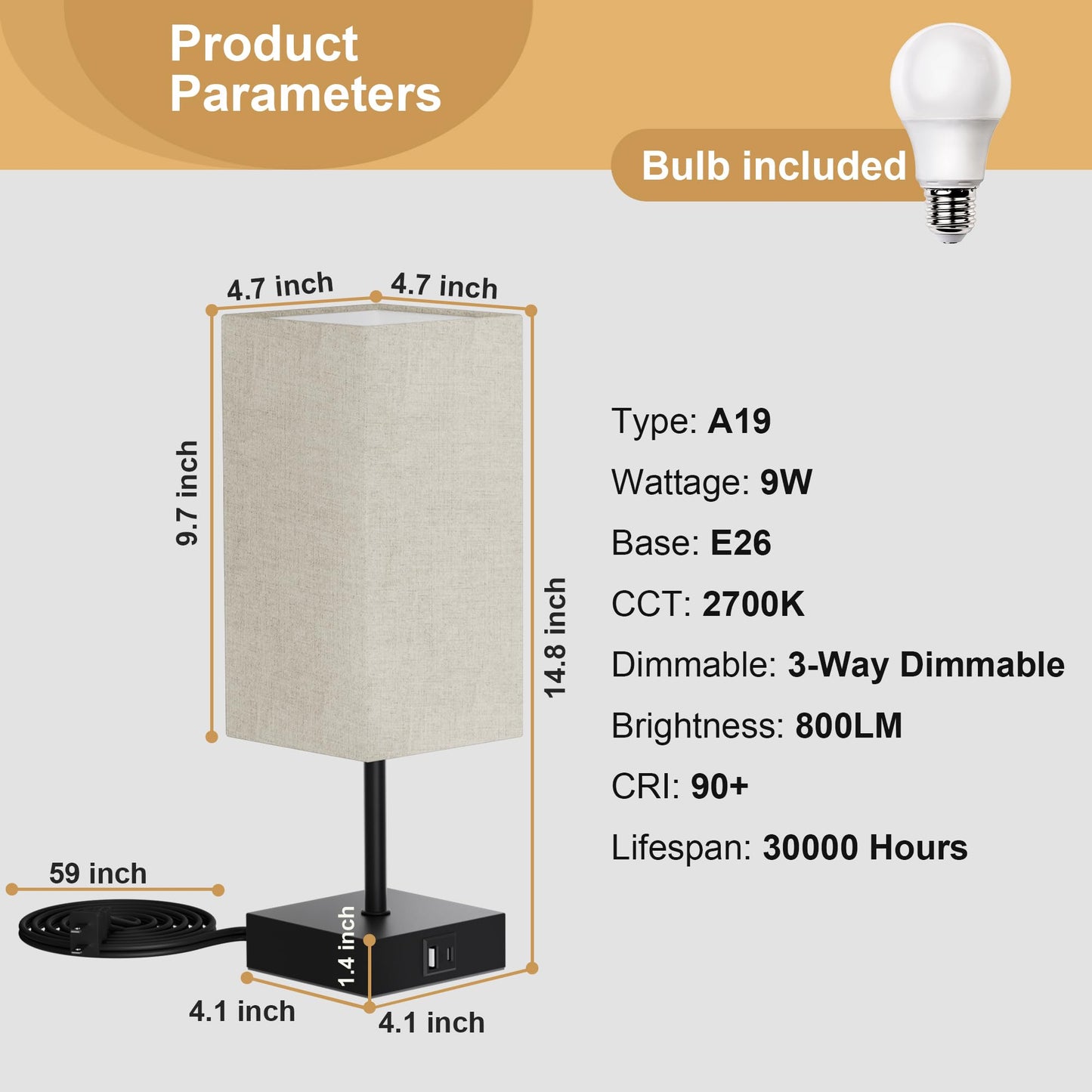 Sailstar Bedside Lamps, Table Lamp with USB C+A Charging Ports, 3 Way Dimmable Touch Control, Small Nightstand Lamps for Bedroom, Home Decor, Living Room, LED Bulbs Included, Upgraded Beige