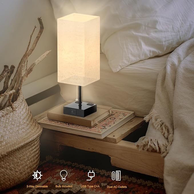 Table Lamp for Bedroom with USB,Bedside Lamp with USB C+A Charging Ports,Adjustable 3color LED Light for Home Decor/Nightstand/Office,Included Bulb and Fabric Lamp Shade (Linen White, 2PCS)