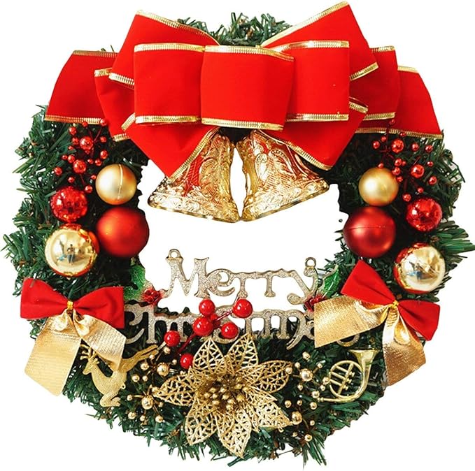 H&W Large Christmas Wreath (19.69 Inch / 50 cm) for Front Door Wall Windows Artificial Poinsettia Xmas Decoration with Tinkle Bell Bowknot and Small Ornaments (MC7-D1)