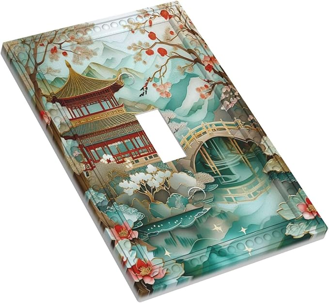 Asian Palace Traditional Bridge Cherry Blossoms Light Switch Covers 1 Gang Single Toggle Wall Plate Decorative Switchcover Electrical Switchplate for Country Living Decor