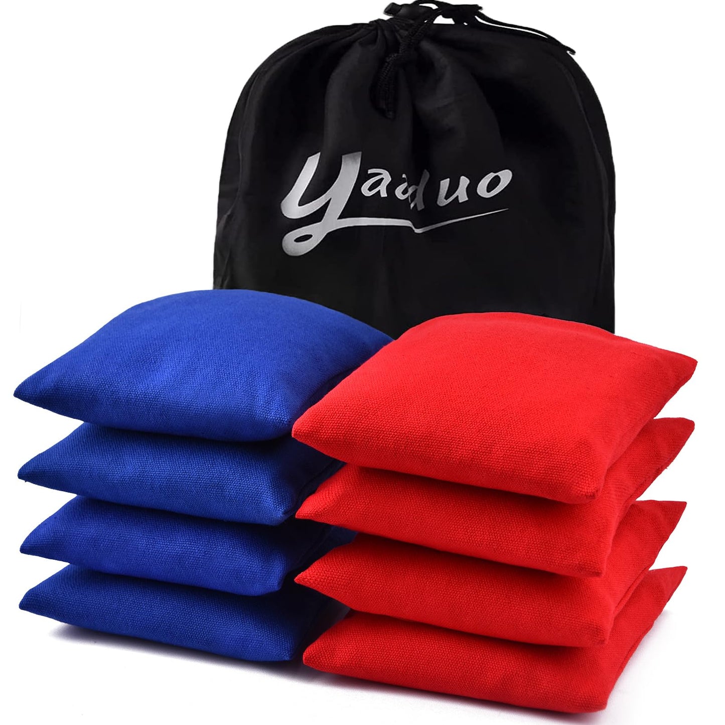 yaaduo Set of 8 Regulation Cornhole Bags Double Sided, Weather Resistant Bean Bags for Cornhole Toss Game, Corn Hole Beans Bags with Tote Bag (Red/Blue)