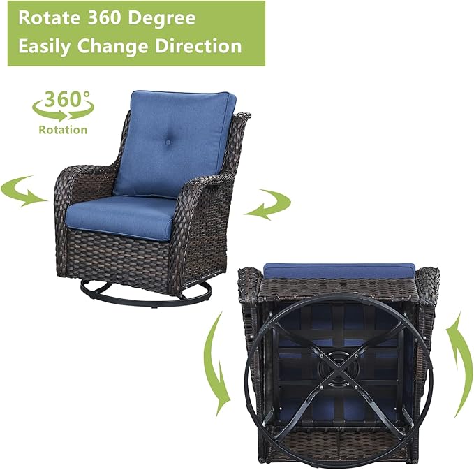 Rilyson Wicker Patio Furniture Set - 8 Piece Rattan Outdoor Sectional Conversation Sets with 4 Swivel Rocking Chairs,2 Ottomans,1 Sofa and 1 Coffee Table for Porch Deck Garden(Brown/Blue)