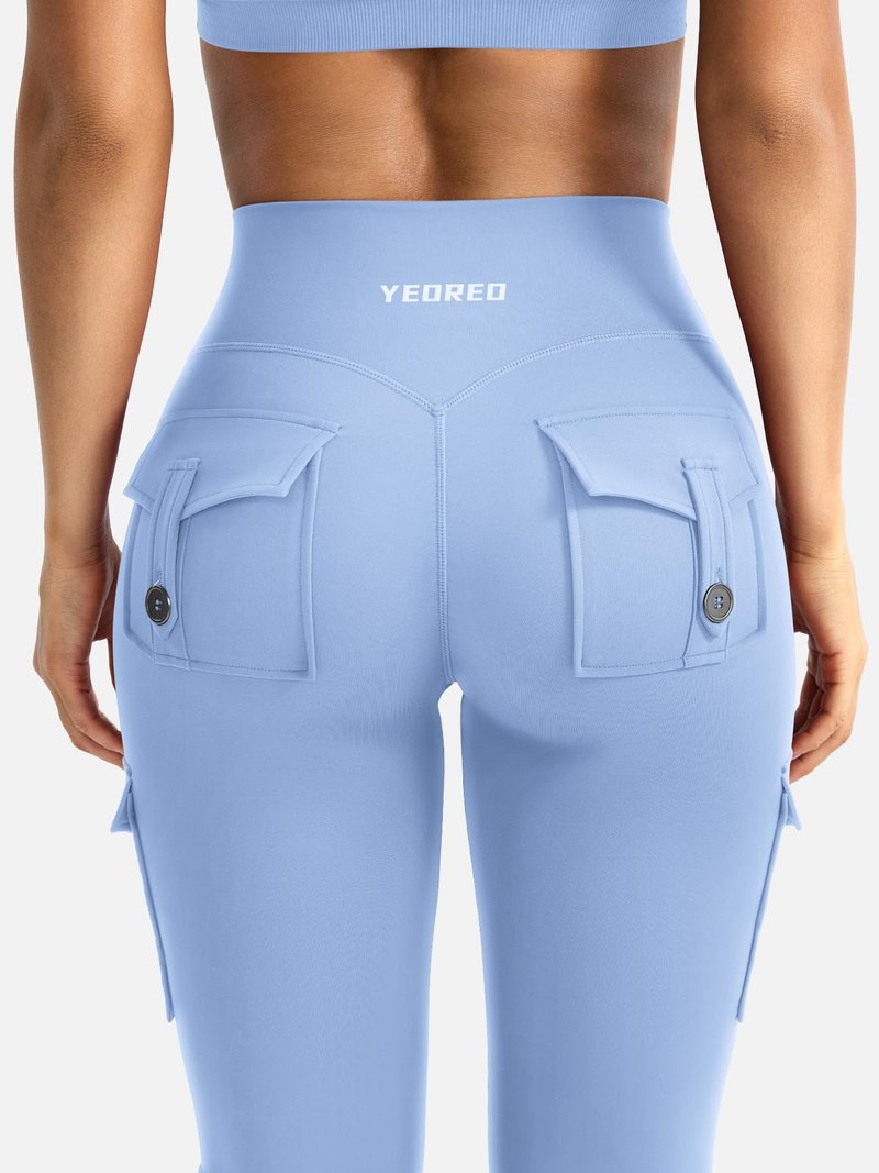 YEOREO CoreFlex Women Workout Flare Leggings with Pockets Scrunch Cargo Gym Yoga Leggings Light Blue M