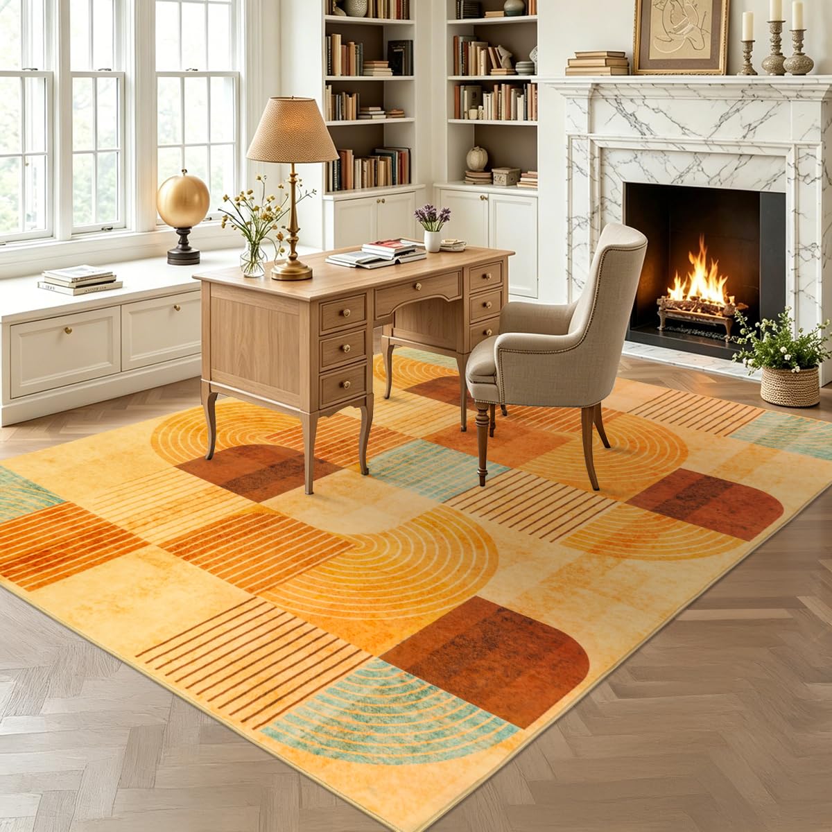 OHDS 5x7 Area Rugs for Living Room, Soft Modern Geometric Rug for Bedroom, Washable Non-Slip Indoor Floor Abstract Carpet for Dining Room Nursery Home，Multi/Orange