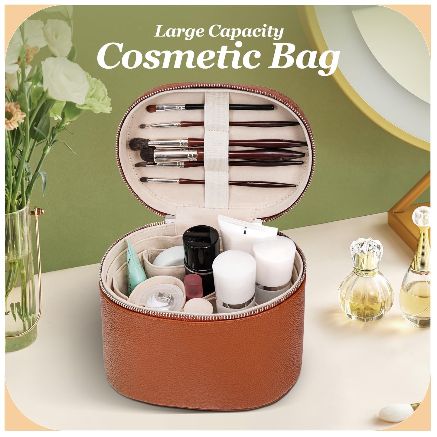 idoltimes Cosmetic Case, Leather Makeup Bag, Portable Handheld Makeup Case, Detachable Compartments