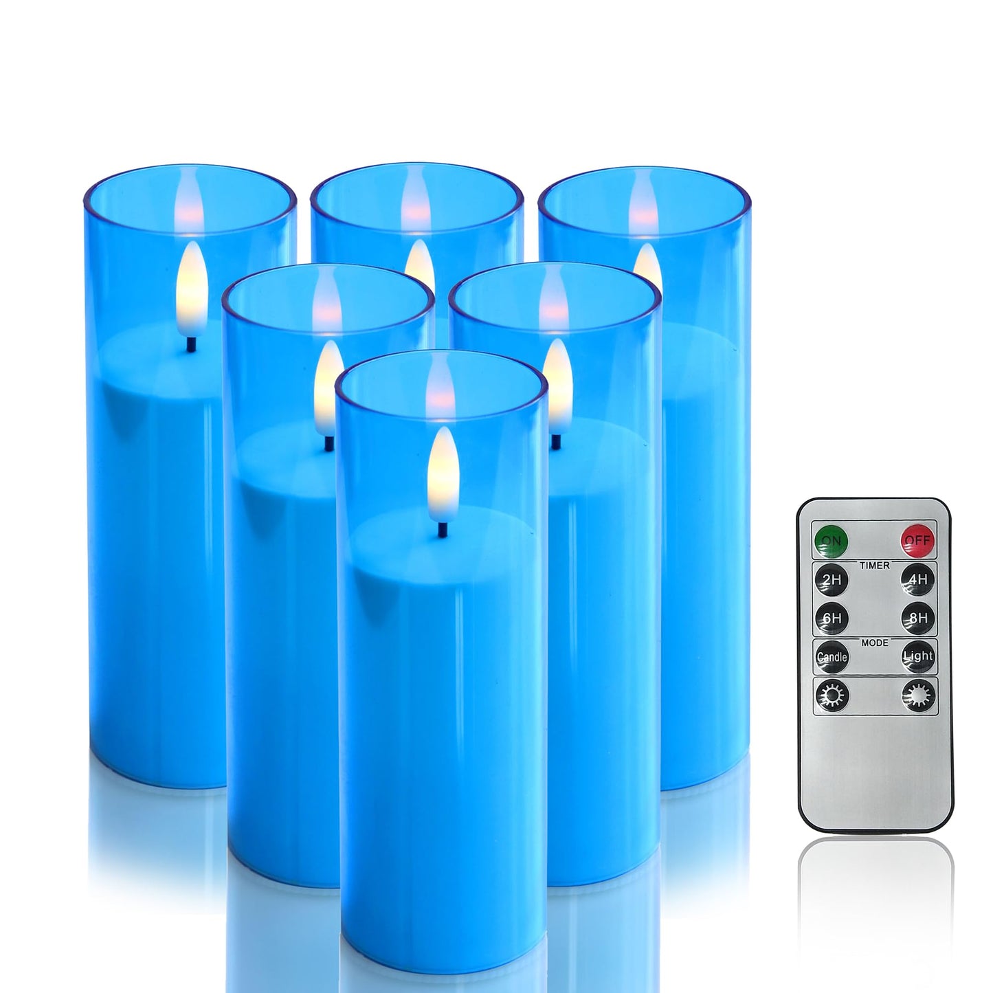 iZAN Flameless Candles with Remote and Timer Plexiglass Shell Battery Operated LED Pillar Candle Lights for Home Wedding Party Halloween Christmas Decorations, Pack of 6, 2”x 6”, Blue