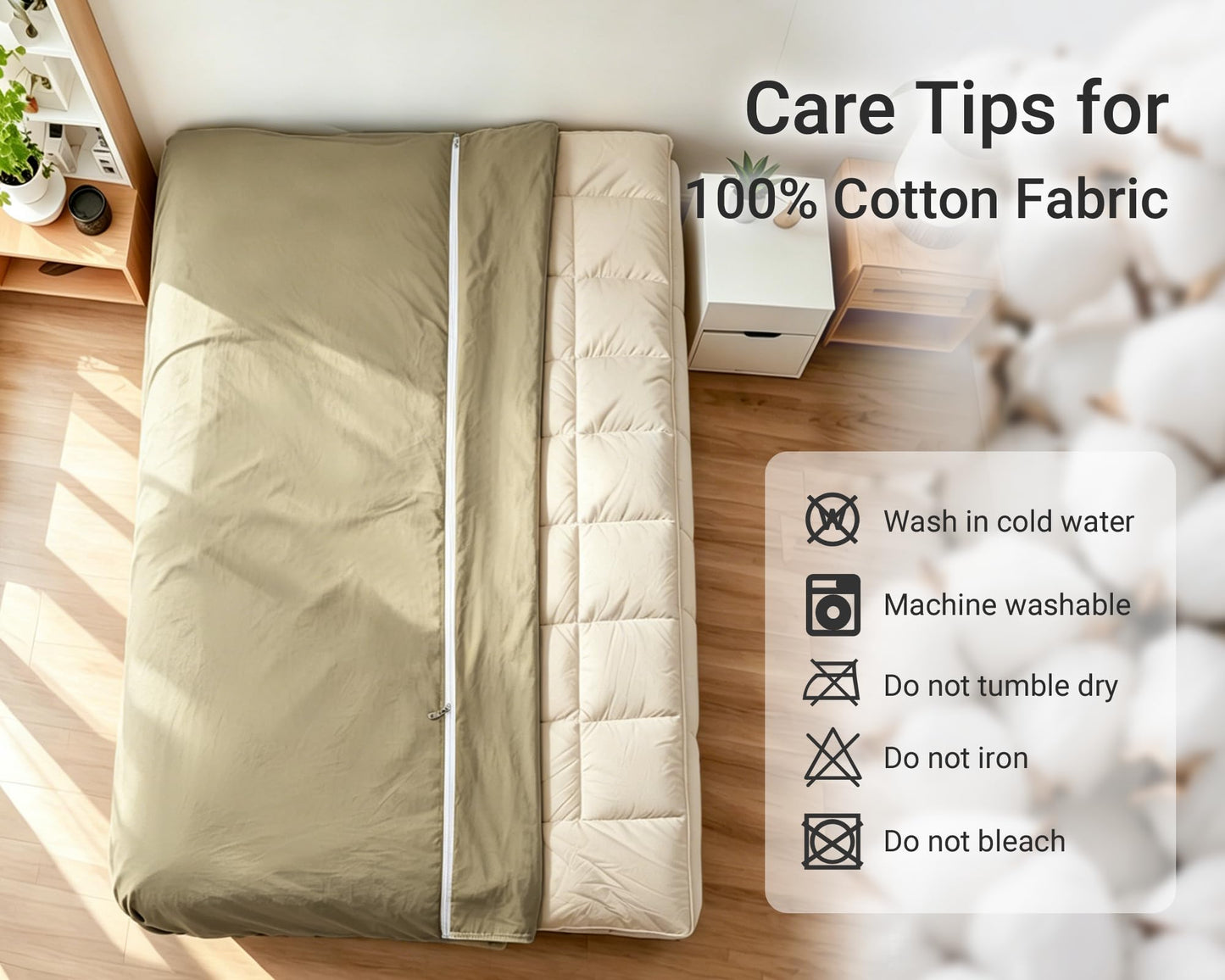 Gryvmnos 100% Cotton Futon Mattress Cover, Washable Japanese Floor Bed Protector with Zipper, Dust‑Proof Replacement Slipcover for Tatami Mat, Fits Up to 4-Inch Thick Mattresses, Full/Queen