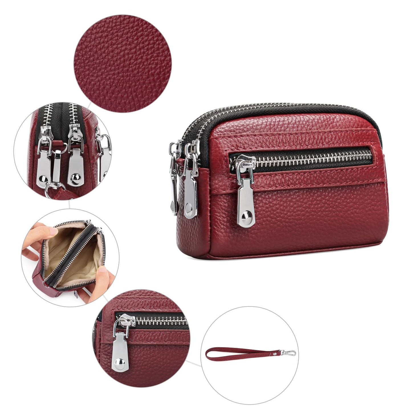SENDEFN Coin Purse for Women Leather Wristlet Double Zip Around Small Change Pouch