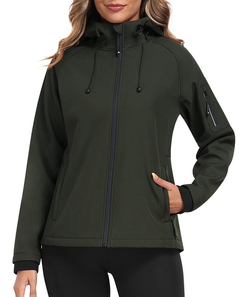 MoFiz Women's Fleece Lined Softshell Jacket Hooded Windproof Lightweight Insulated Jacket Full Zip Warm Coat Army Green M