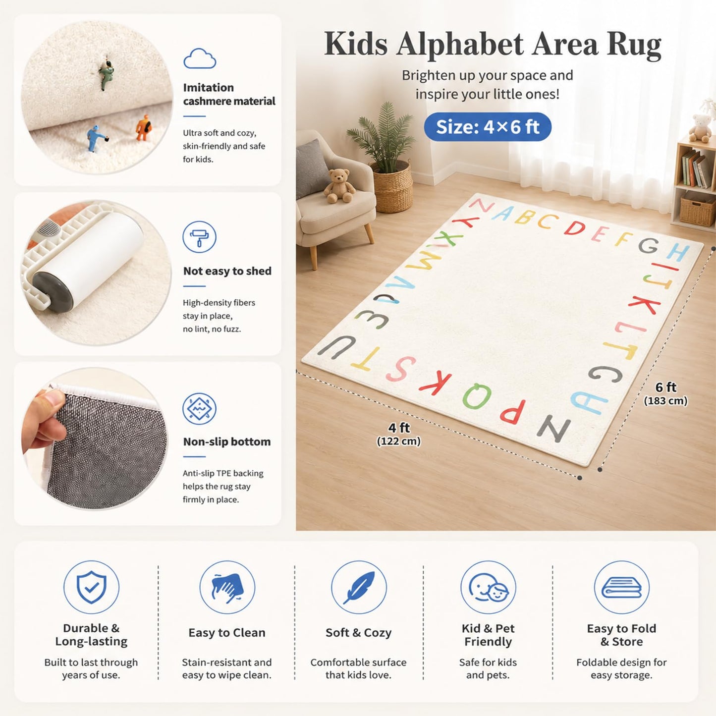 SHIPKEY 5x7 Feet Living Room Rugs, Cartoon Alphabet Nursery Rug for Bedroom, Extra Large Dorm Rug for Children (150x210 cm)