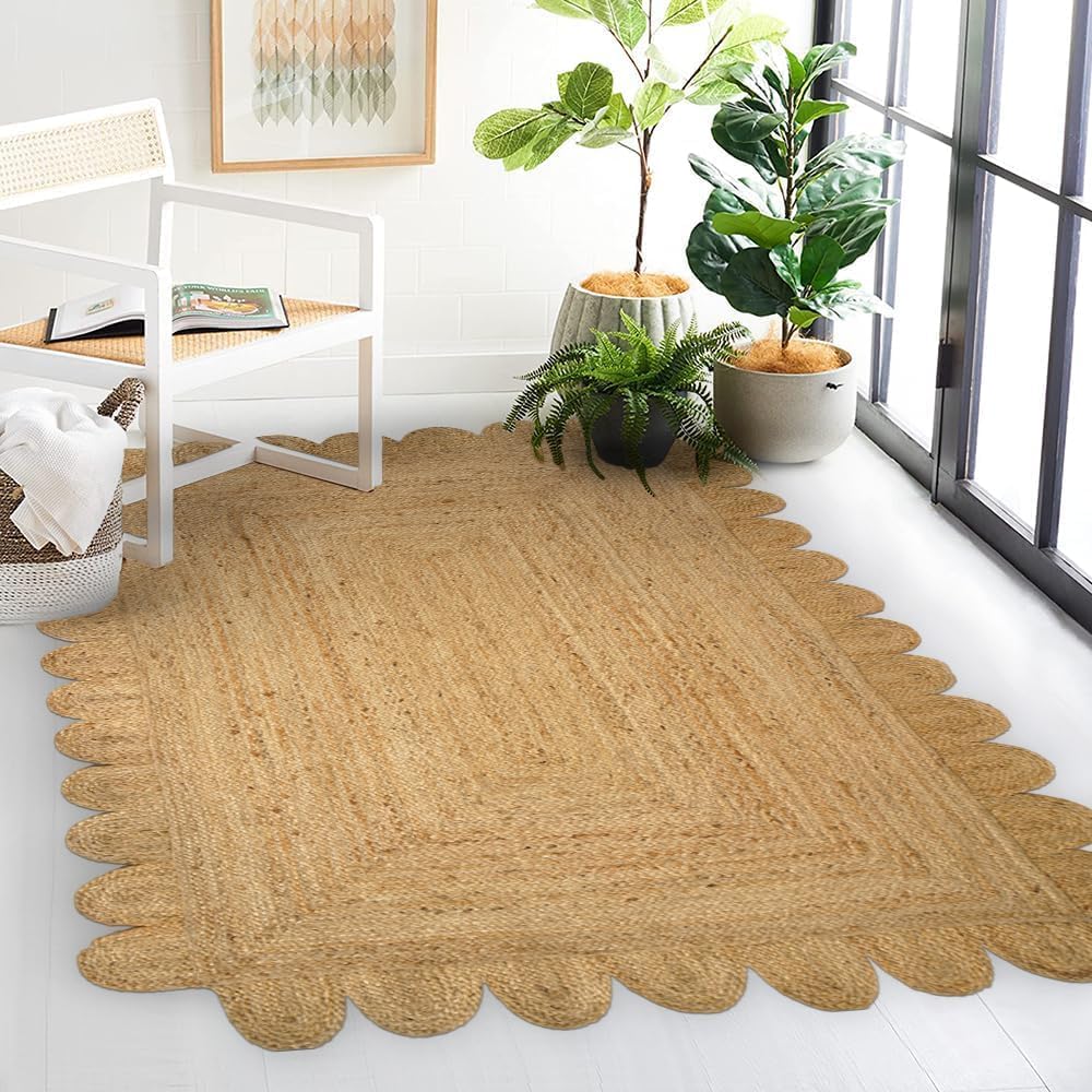 GRUHUM Scalloped Jute Area Rugs 6x9ft Rectangular Natural Fiber Handwoven Soft Braided Rustic Vintage EcoFriendly Rug- Farmhouse Indoor EcoFriendly Livingroom Bedroom Kitchen Hallways 6'x9' Ft