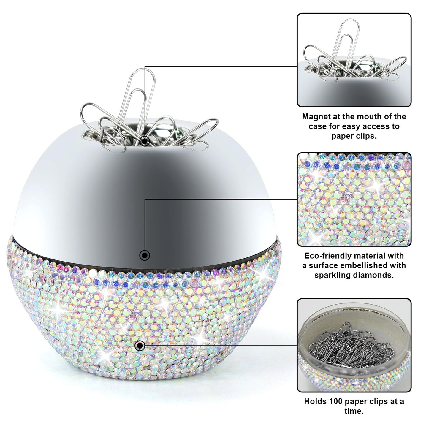 etspolt Rhinestone Paper Clip Holder, 100 Pcs 28mm(1.1") Paper Clips in Bling Sliver Round Magnetic Paper Clip Dispenser, Paperclip Holders for Desk Organizer (White)