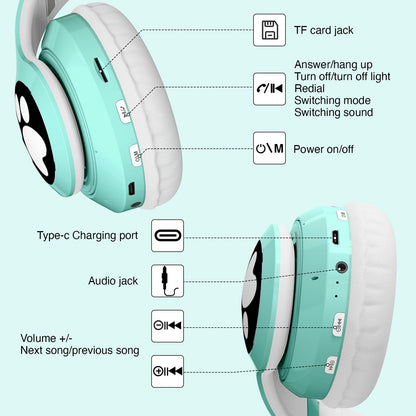 KERHAND Bluetooth Headphones for Kids, Cute Ear Cat Ear LED Light Up Foldable Headphones Stereo Over Ear with Microphone/TF Card Wireless Headphone for iPhone/iPad/Smartphone/Laptop/PC/TV (Green)