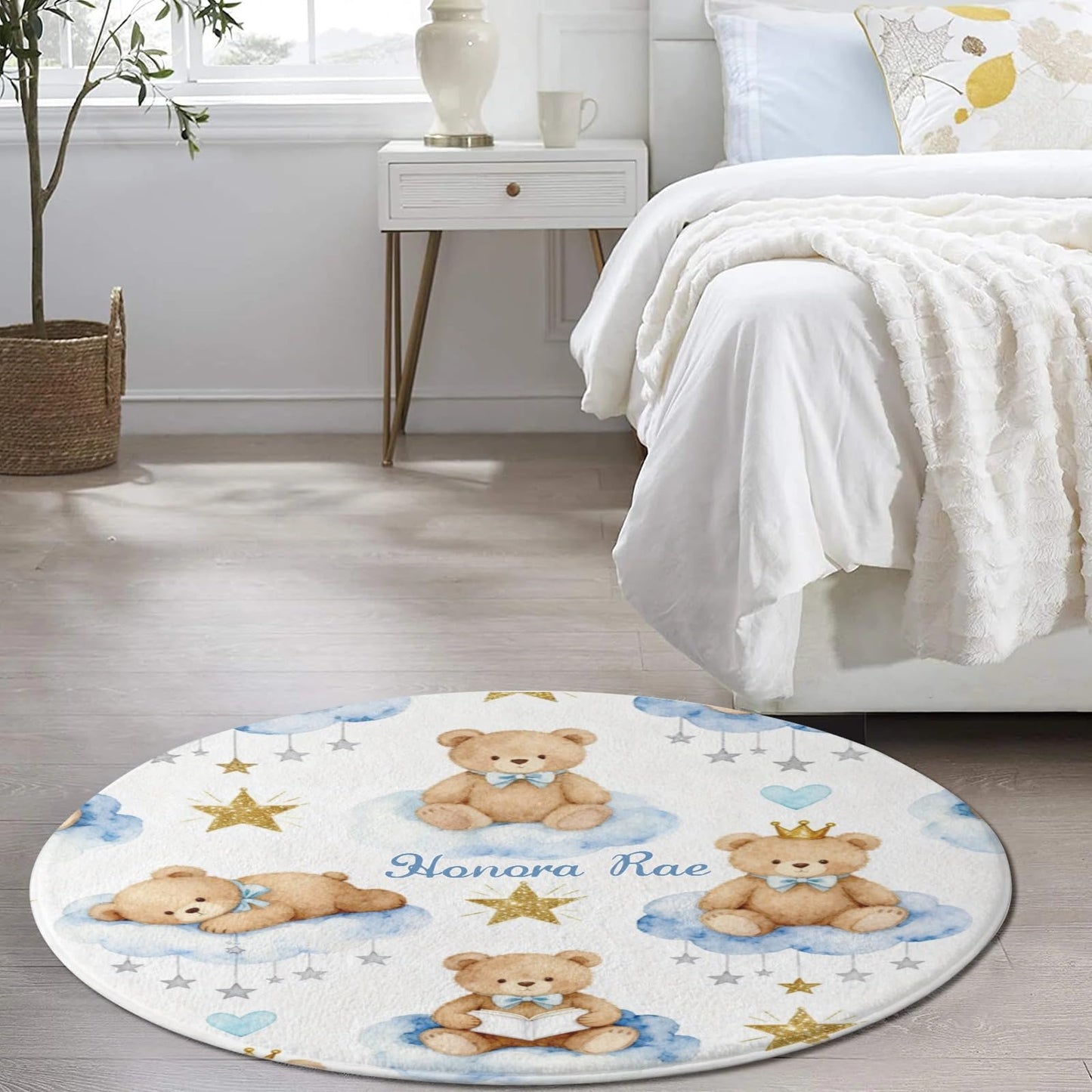 Joyestore Personalized Wise Bears Moon Clouds Stars Custom Round Area Rug Baby Crawling Floor Mats Gifts for Boys Girls Babies with Names Nursery Bedroom Living Room Decor