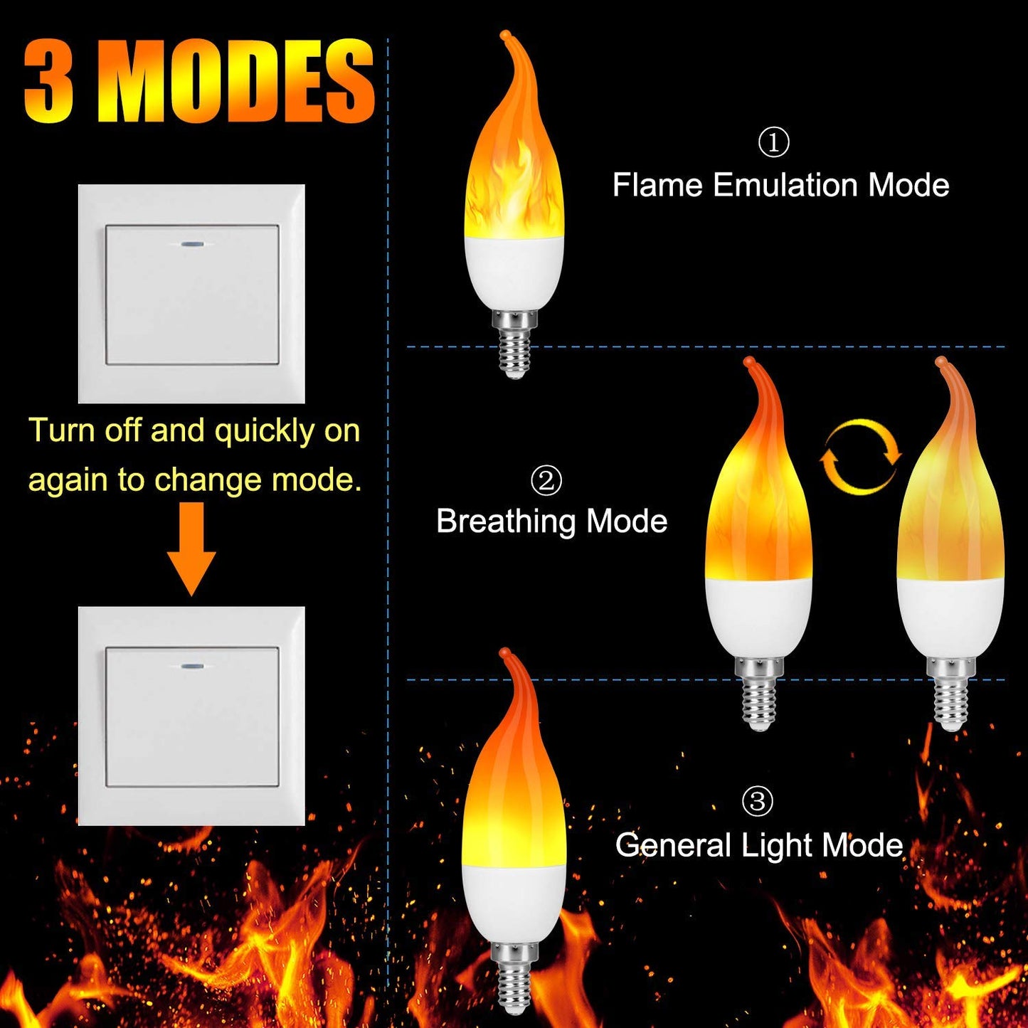 Venforze E12 3 Mode LED Candelabra Flame Light Bulbs 8 Pack, 1.2W Warm White, 1800k Candle Light, Flame Tip for Christmas Party Decorations