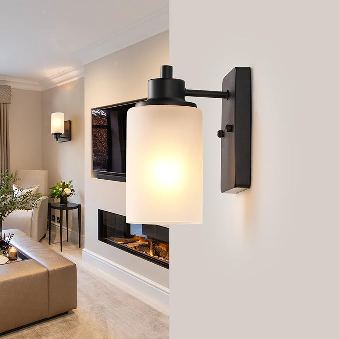2-Pack Bath Vanity Light Fixture 1-Light, Indoor Farmhouse Bathroom Wall Sconces Lights for Living Room, Porch, Bedside, Black Finish with White Frosted Glass Shades Wall Mounted Lights
