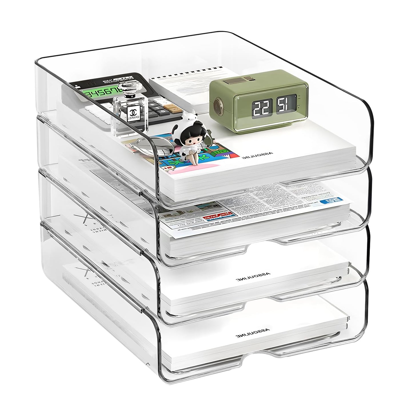 OUTIOE 4-Tier Paper Organizer for Desk, Stackable Desk Organizer Paper Tray, Ideal for Office Supplies, A4 Storage (Clear, 4-Tier)
