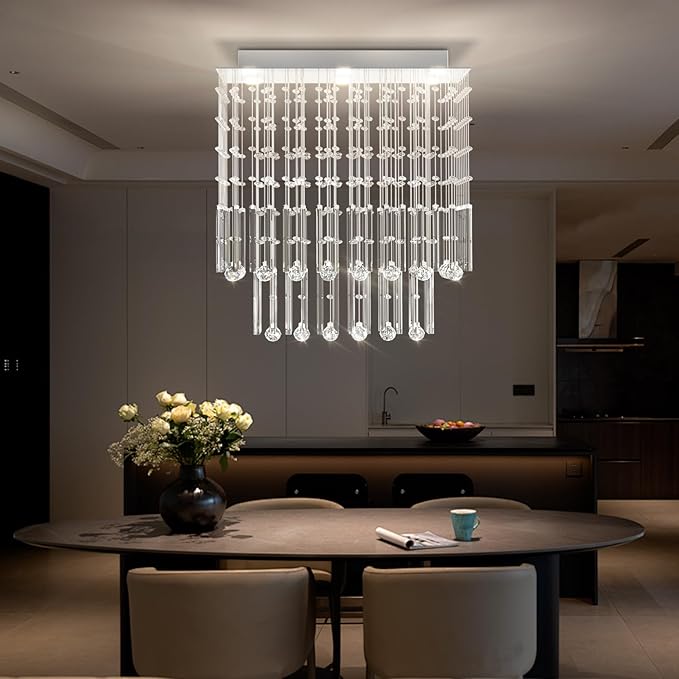 D24''XH28'' Rectangular Crystal Chandelier SilverRectangle Pendant Ceiling Light Fixture Raindrop Chandelier for Dining Room Living Room Kitchen Island Bar