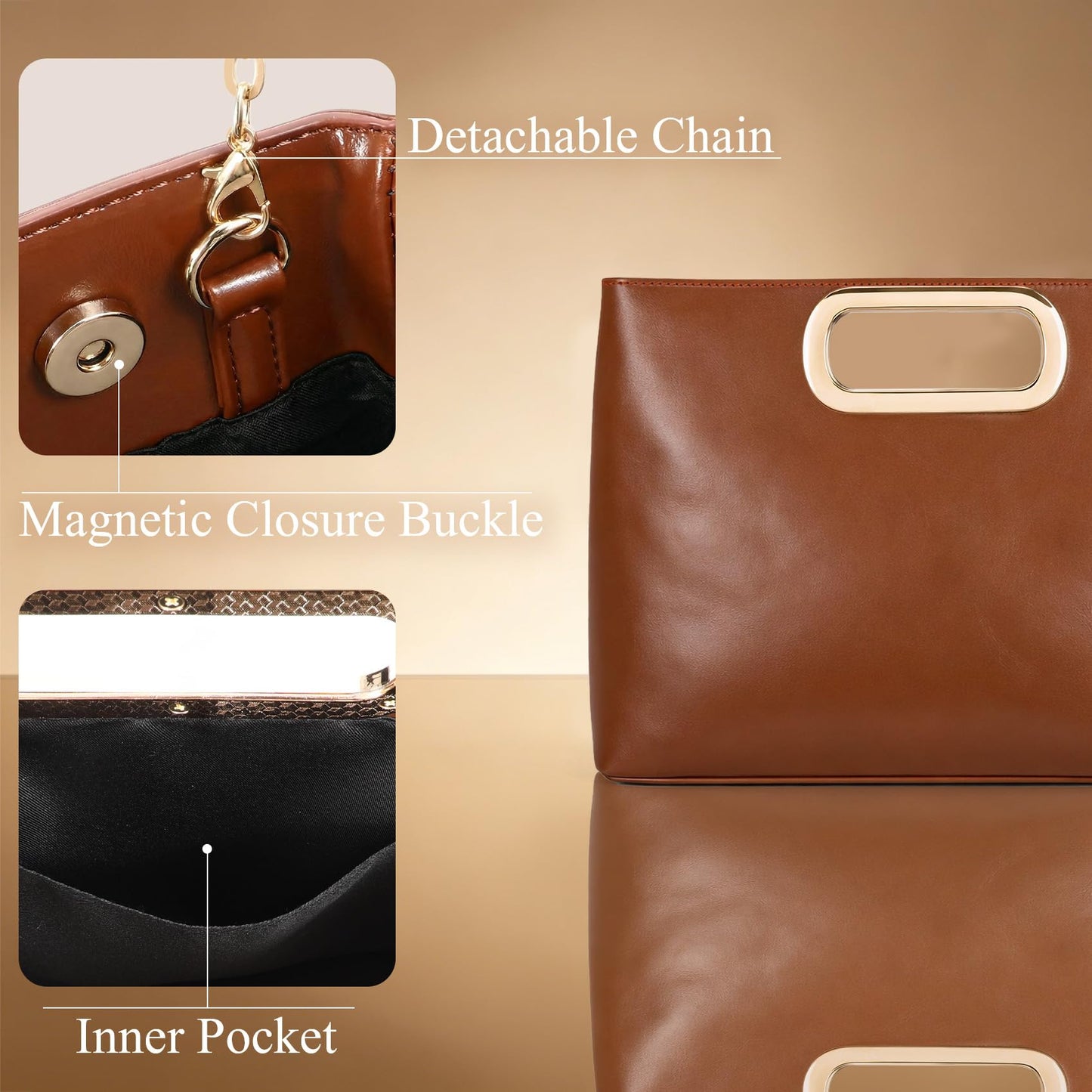 XquiziFit Clutch Purse for Women Evening Clutch Handbag for Wedding Party Formal Evening Bag with Detachable Chain Brown Clutch PU Leather