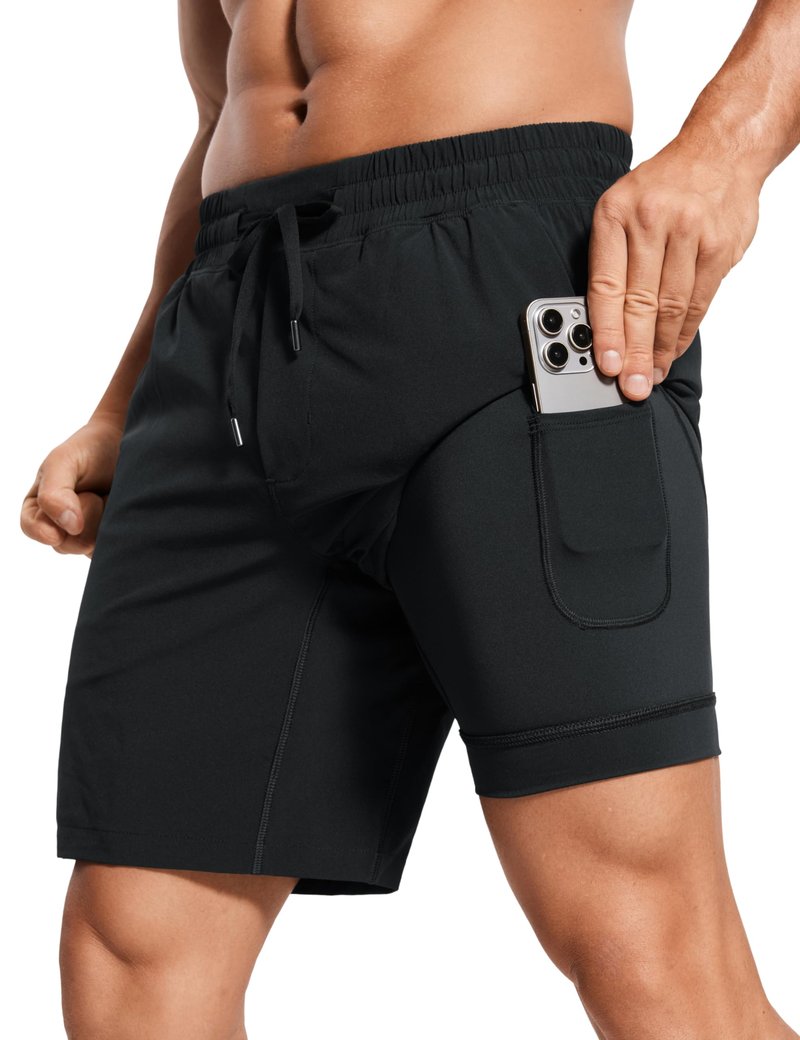 CRZ YOGA Mens 2 in 1 Running Shorts 7" - Lined Workout Quick Dry Lightweight for Sports Athletic with Pockets Black Large