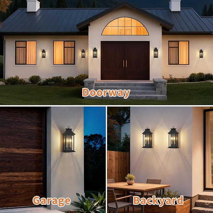 tewei 2-Light Black Outdoor Light Fixture, Porch Light Outdoor Wall Sconce Lantern, 22'' Exterior Lighting Fixture Wall Mount E12 Gold Base, Outside Light for House Backyard Garage, 1-Pack