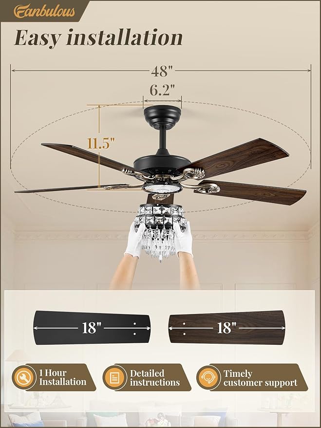 Fanbulous 48 Inch Crystal Chandelier Fan with 22w LED, Fandelier Ceiling Fan with Light, Dimmable, 3CCT, 6-Speeds, Quiet DC Motor, Ceiling Fan Chandeliers, Modern Ceiling Fans for Bedroom, Living Room