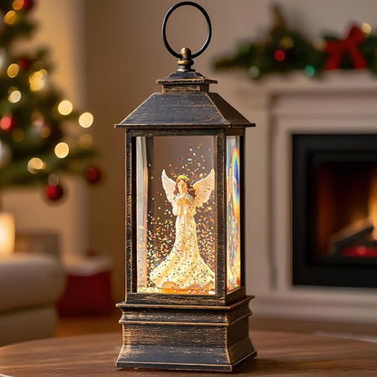 Christmas Snow Globe Lantern Water Glittering Angel with Dove, USB Lined/Battery Operated Lighted Lantern for Christmas Festival Decoration Gifts