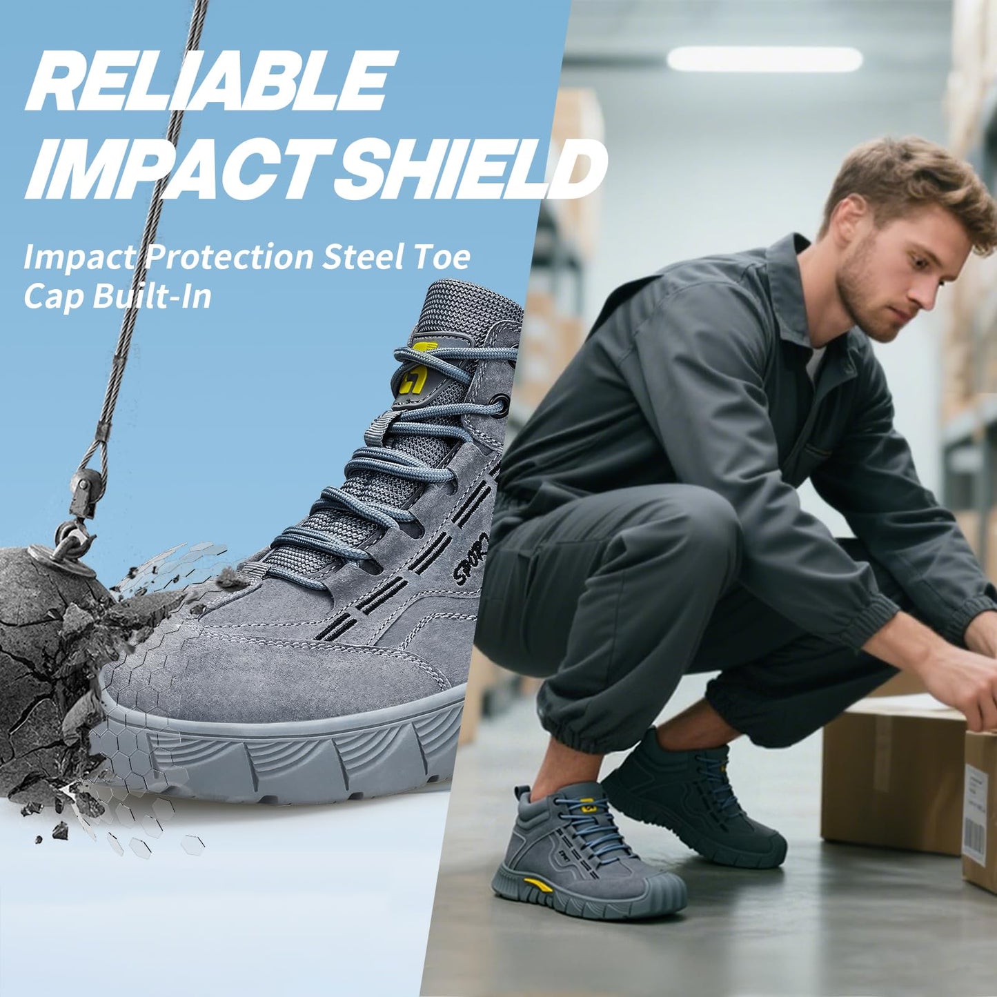 Work Boots for Men Women Lightweight Steel Toe Boots Comfortable High Top Safety Shoes Indestructible Construction Boot for Men Work Shoes Grey