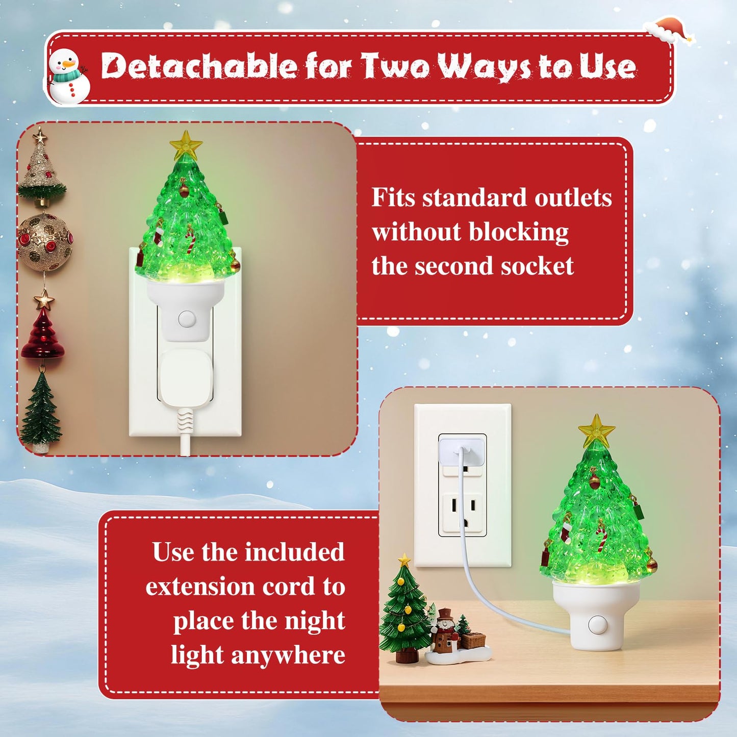 Christmas Night Lights Plug into Wall Glitter Christmas Tree Nightlights with USB/Outlet Options, Xmas Night Lights Decorative for Bedroom Living Room Kitchen Nursery Holiday Decorations Gifts (Tree)