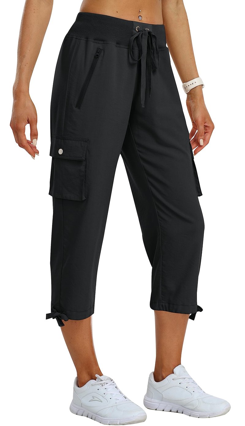 MoFiz Women's Cargo Capris Pants Loose Fit Casual Hiking Pants Lightweight Quick Dry Travel Summer Pants for Women Black XL