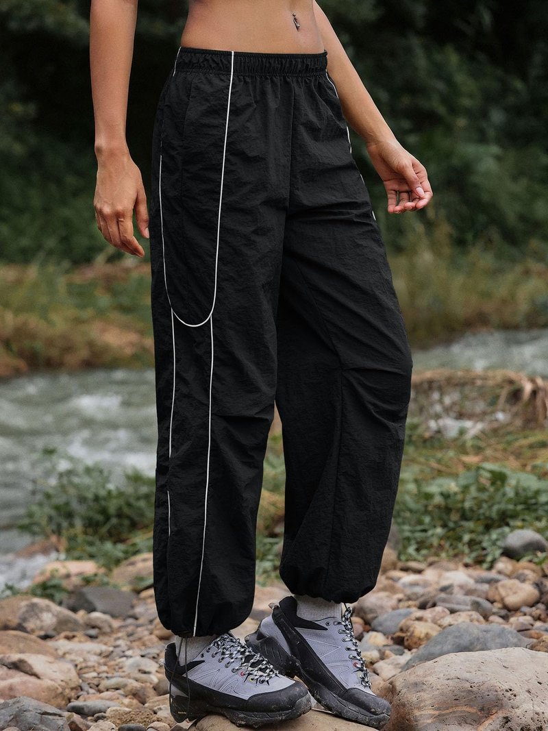 Yousify Womens Baggy Parachute Pants Wide Leg Elastic Waisted Contrast Track Pants Y2K Hiking Jogger Sweatpants with Pockets Black