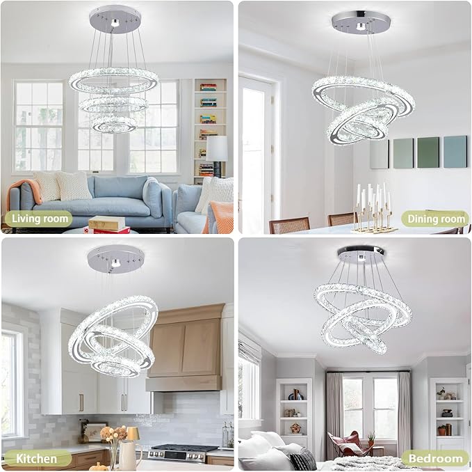 FRIXCHUR Crystal Chandelier LED Chandeliers Ceiling Light Fixture 3 Ring Adjustable Pendant Light Modern Chandelier for Bedrooms Living Room Dinning Room (Dimmable)