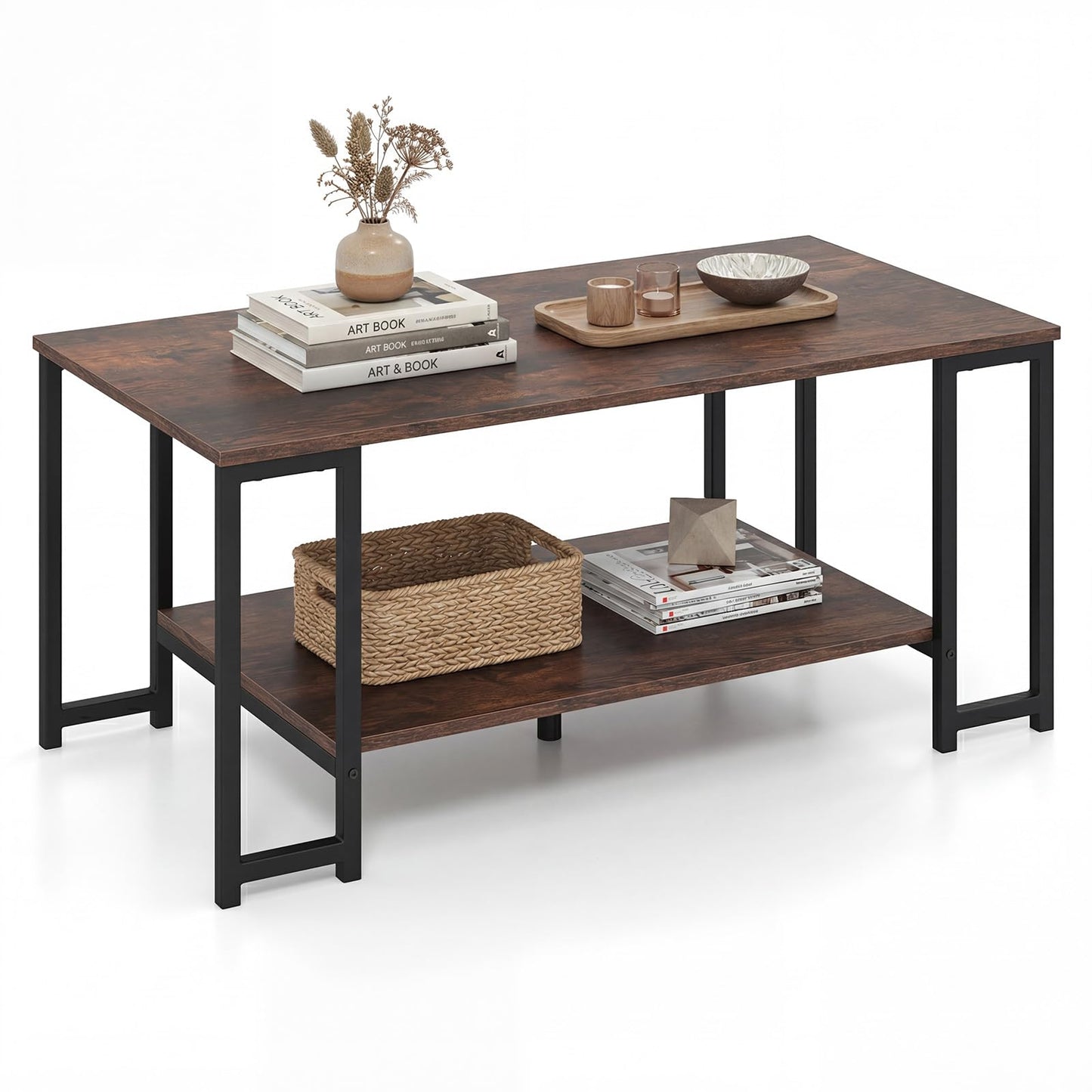 Giantex 2-Tier Coffee Table with Storage, 39.5" Rectangular Center Table with Heavy-Duty Metal Frame, Modern Accent Cocktail Table, Living Room Tables for Small Spaces (Rustic Brown)