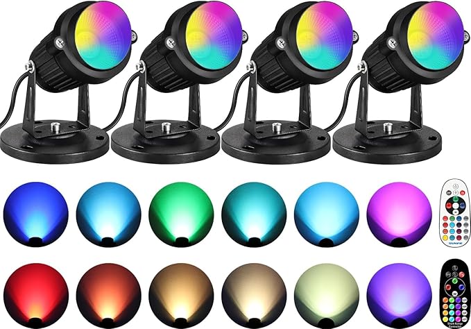 SUNVIE 6W RGBW Up Lights Indoor LED Spot Lights Indoor for Accent Lighting Color Changing Uplighting with Remote Control 120V 4.92FT Cord Spotlight Plug in with Stake for Plant Party Decor, 4 Pack