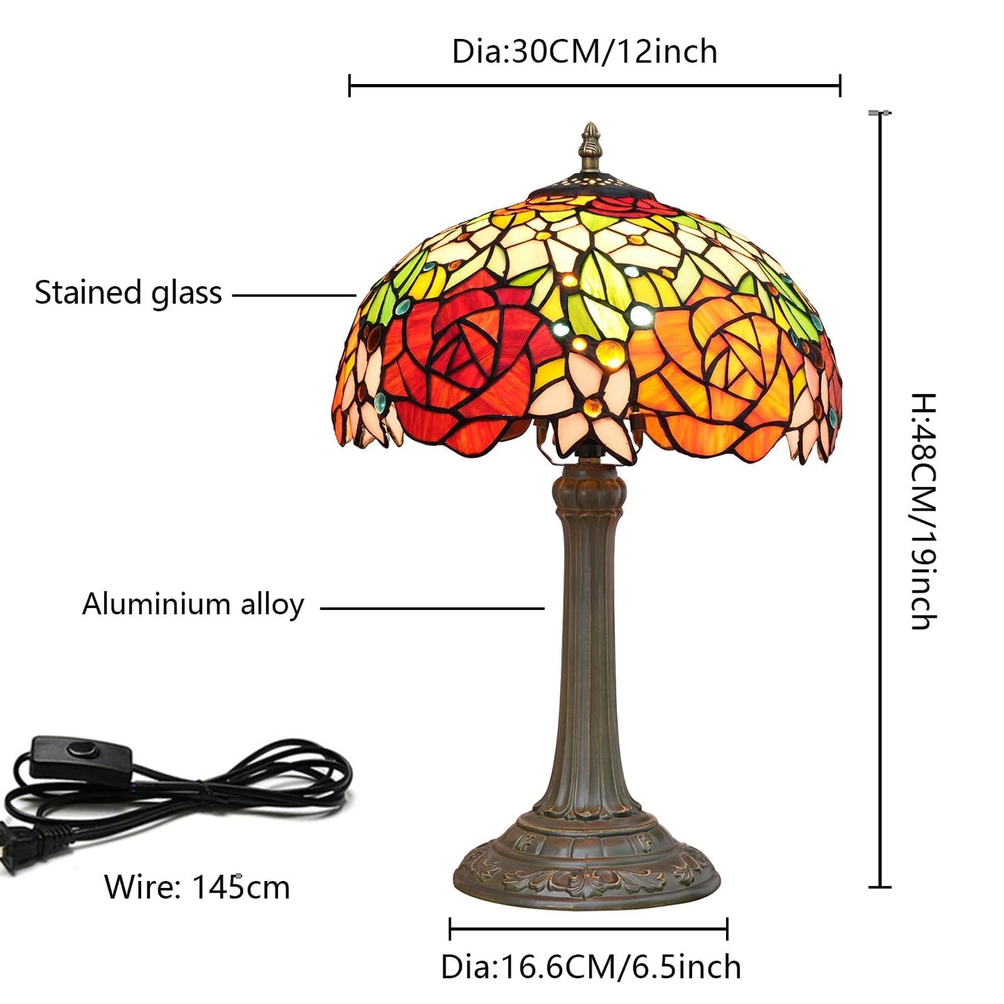 wecrejoni Tiffany Lamp Rose Flower Stained Glass Table Lamp 12X12X18 Inches Rose Style Desk Reading Light Decor Bedside Bedroom Living Room Home Festival Birthday Valentine's Day Christmas Gift