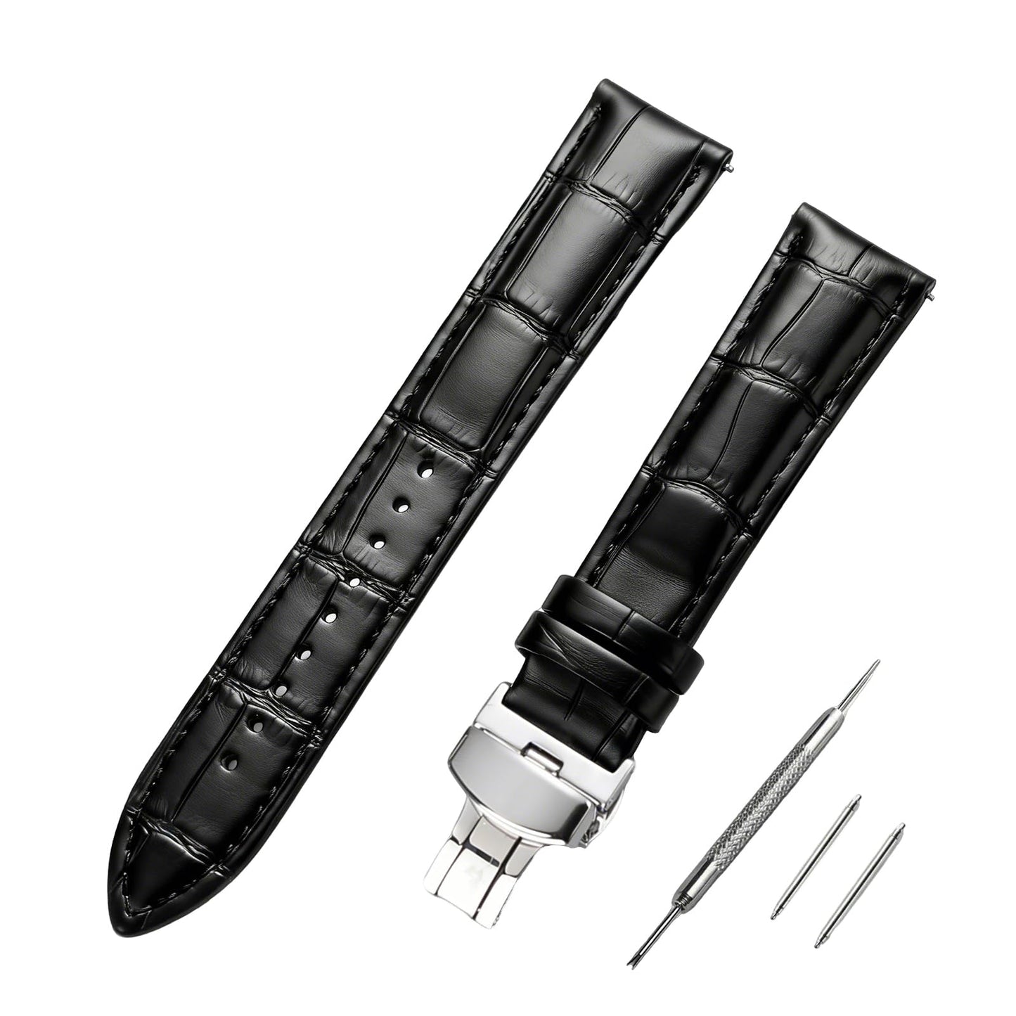 EREBUSE Genuine Leather Watch Strap 18mm 20mm 22mm, Classic Replacement Watch Band for Men Women, Soft Padded Cowhide with Silver Butterfly Deployment Clasp