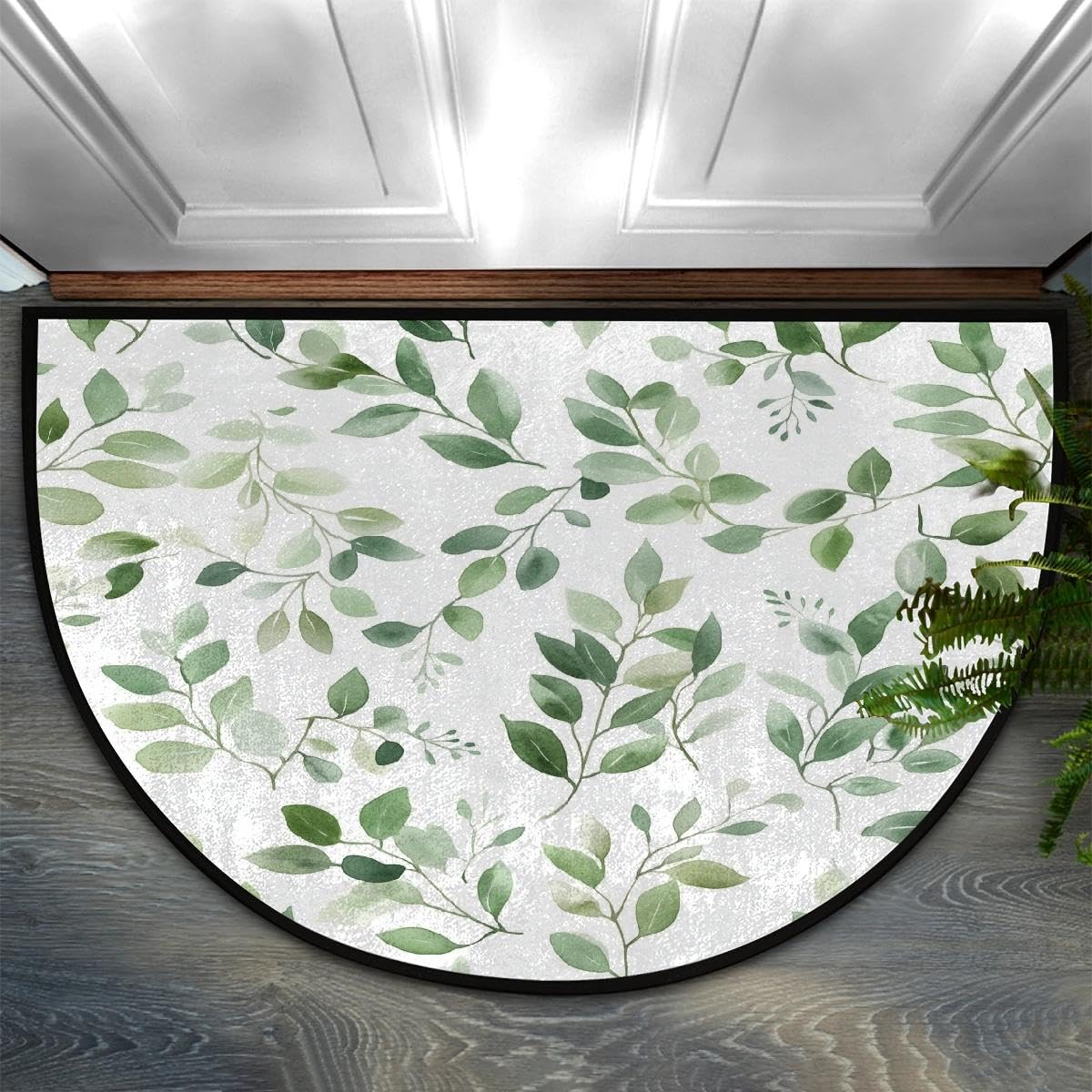 Eucalyptus Leaves Half Round Door Mat Soft Non Slip Semi Circle Bath Rug with TPR Backing,Sage Green Botanical Welcome Doormat Entryway Rugs for Front Door Living Room Bathroom,36x24IN