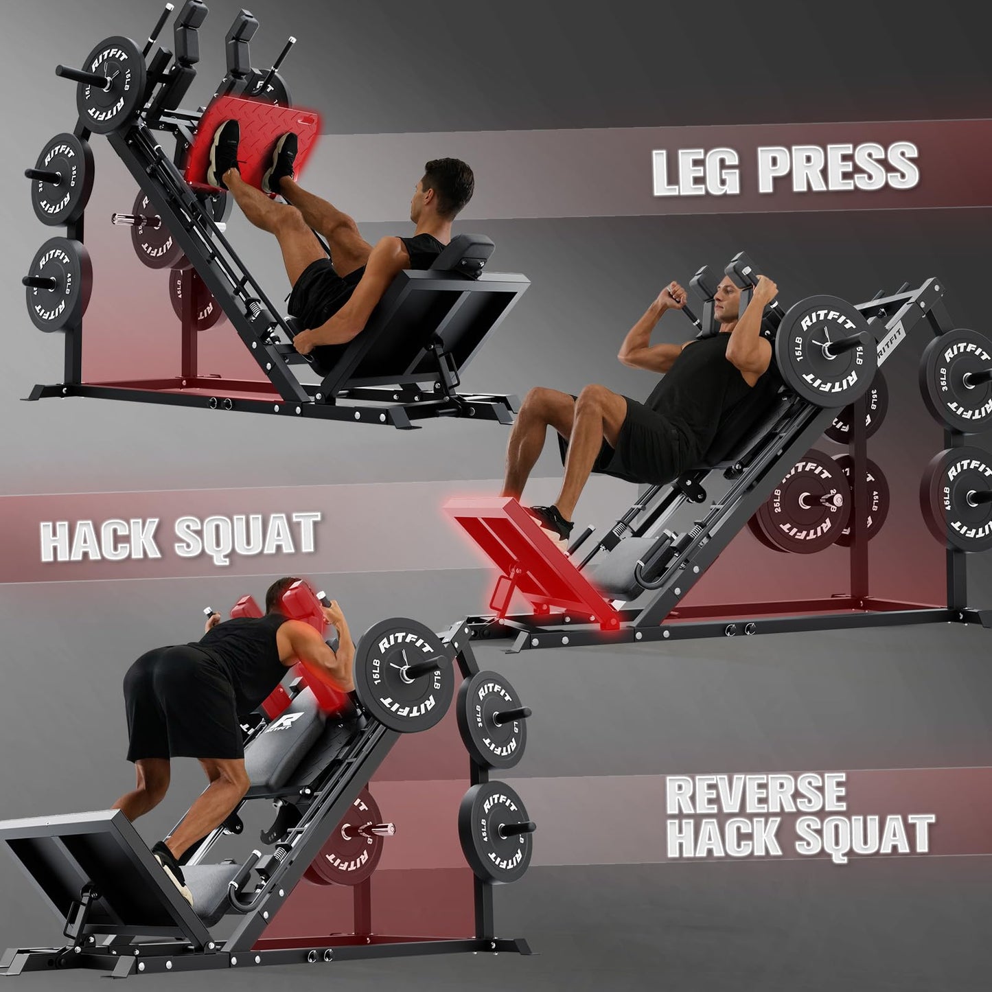 RitFit Gazelle Pro 3 in 1 Leg Press and Hack Squat Machine - High-Tensile Steel Leg Press Machine, 2000lbs Capacity, Adjustable Angles with Weight Storage