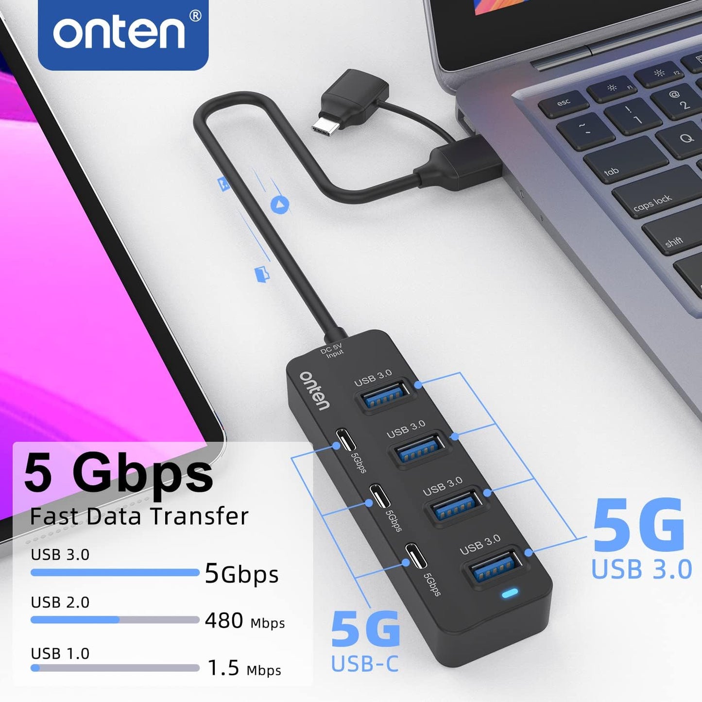 Onten USB C Hub,7 Ports USB3.0 to USB-C HUB with a USB C to USB 3.0 Adapter. 3.2ft Cable 4*USB3.0 Ports,3*USB C Ports forThunderbolt 3/4 MacBook Surface Pro and More USB/USB C Devices