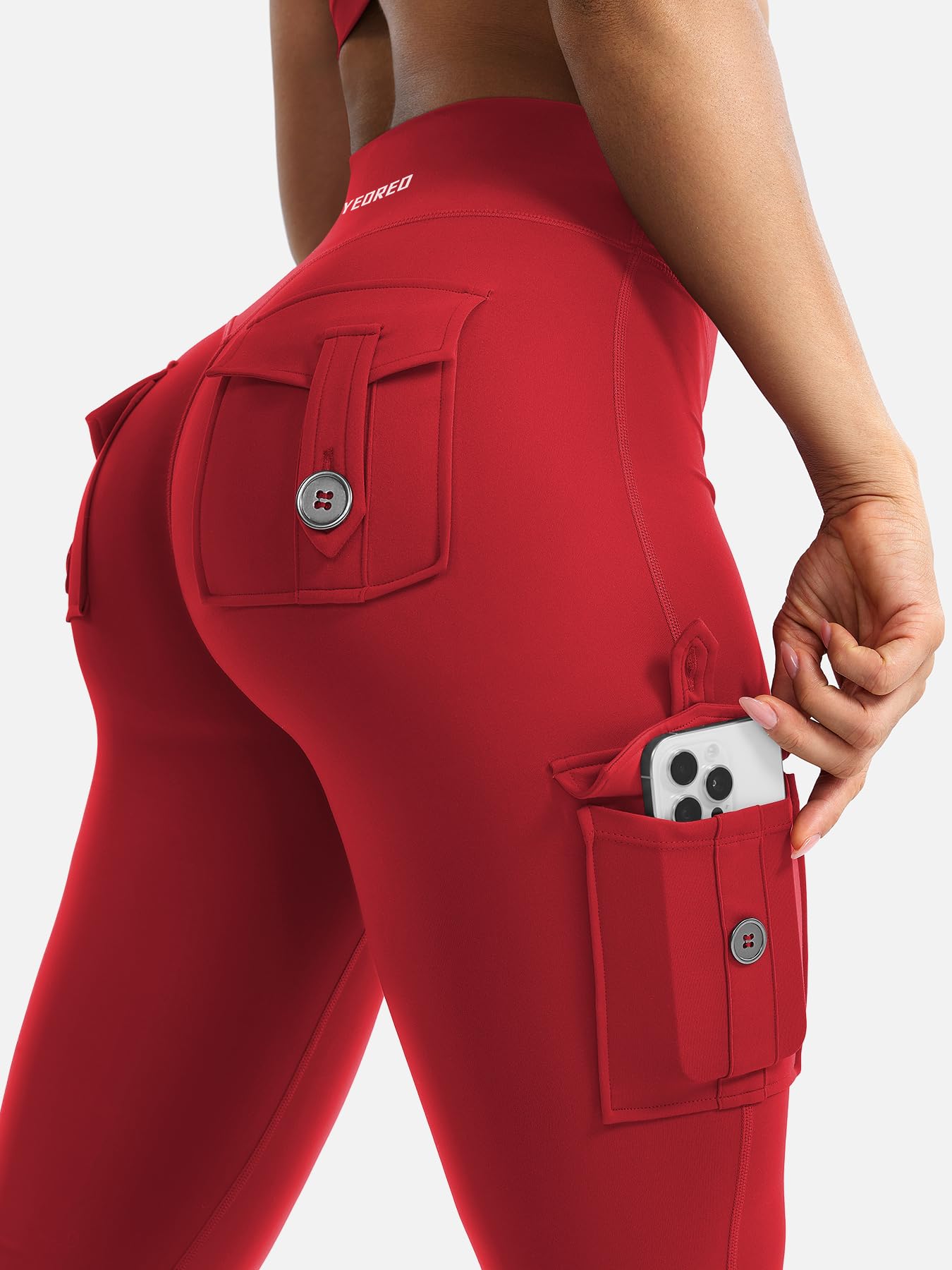 YEOREO CoreFlex Women Workout Flare Leggings with Pockets Scrunch Cargo Gym Yoga Leggings 28" Inseam Red S