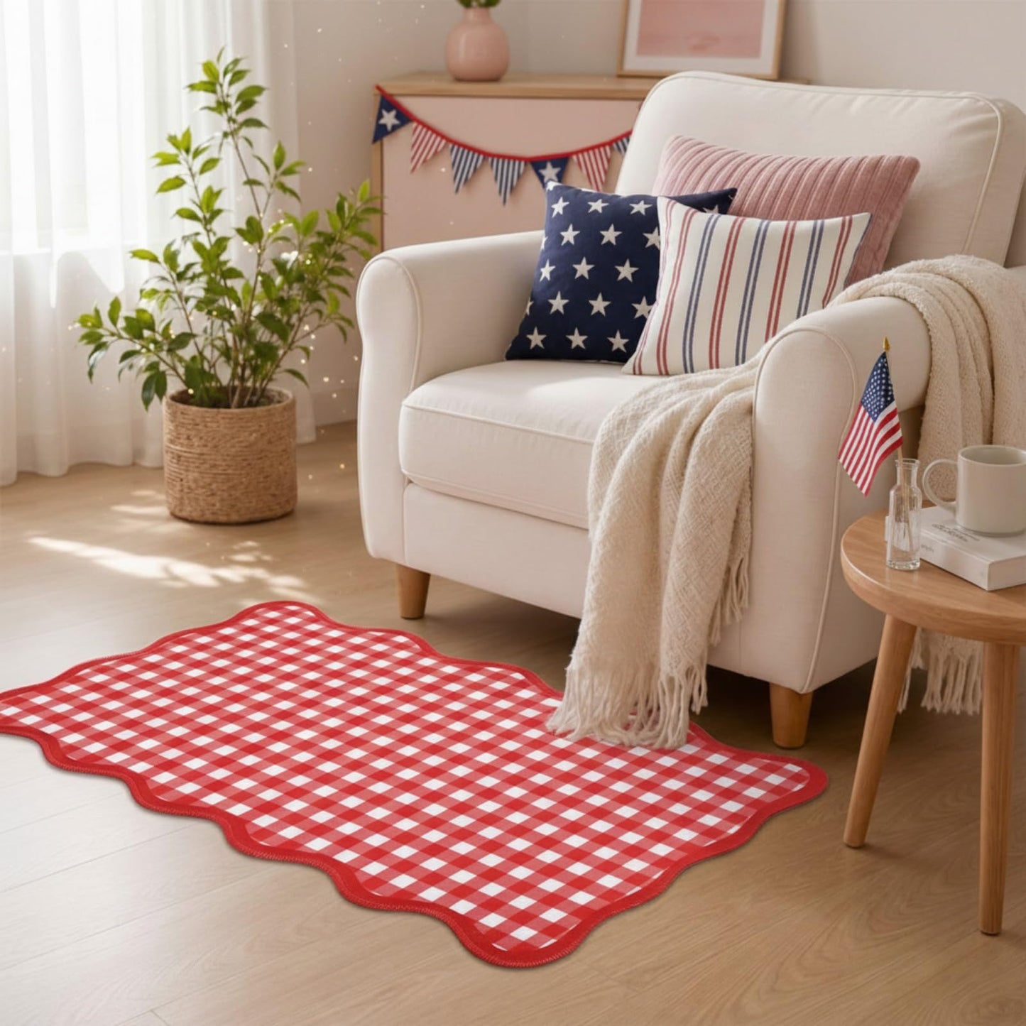 Breling Red and White Scalloped Plaid Entryway Rug 16.5 x 27.5 Buffalo Checkered Indoor Mat Washable Non-Slip Gingham Door Rug for Entryway Entrance Bedroom Kitchen Living Room Decor